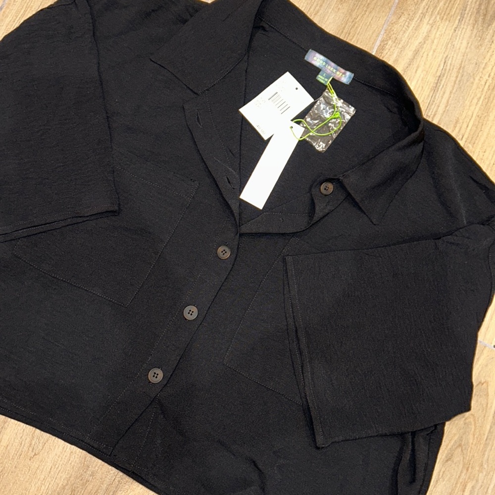 Good Luck Gem (Nordstrom) - Oversized Crop Button Down Black Shirt (Large)